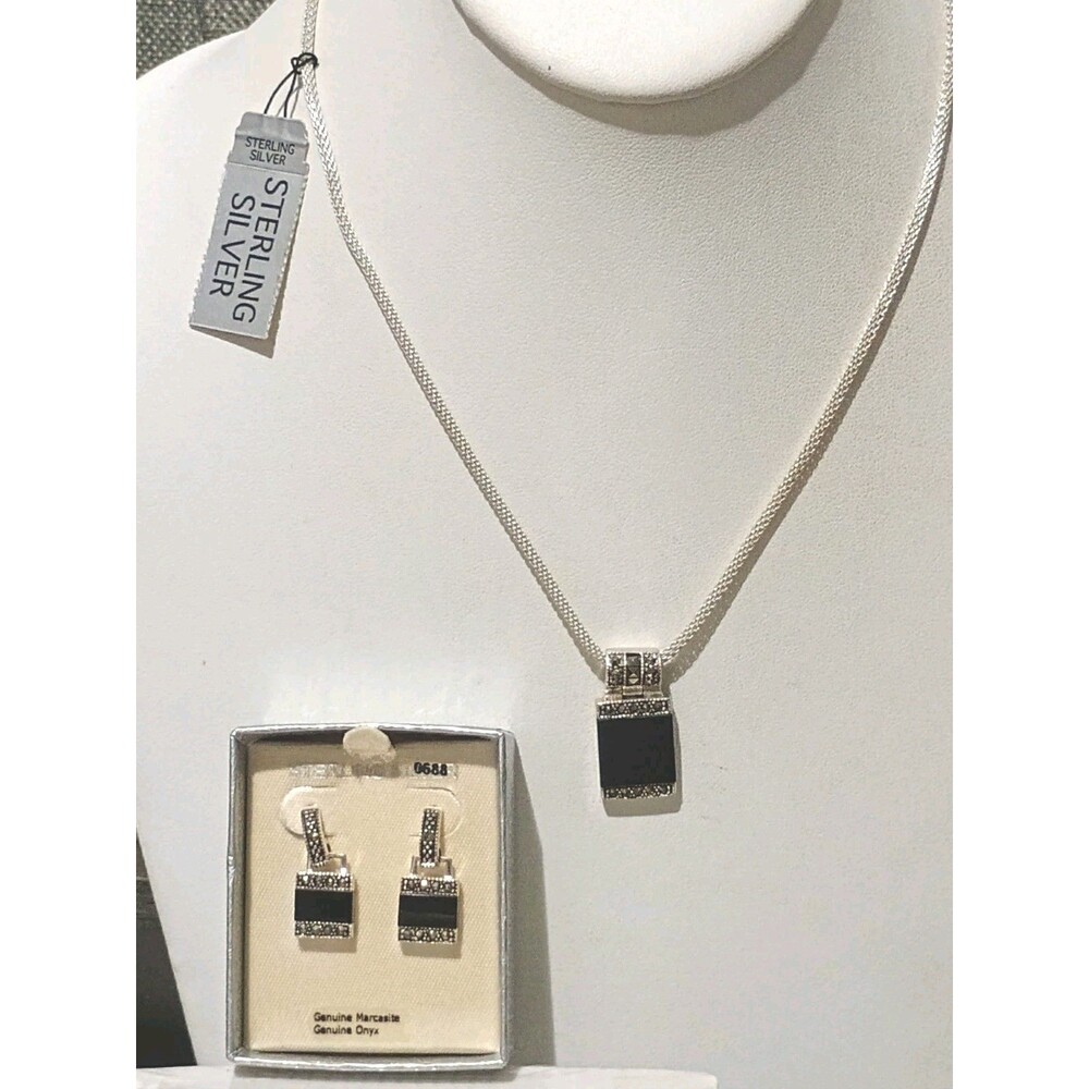 Onyx Marquisite Sterling Silver Necklace Dangle Earrings Set New